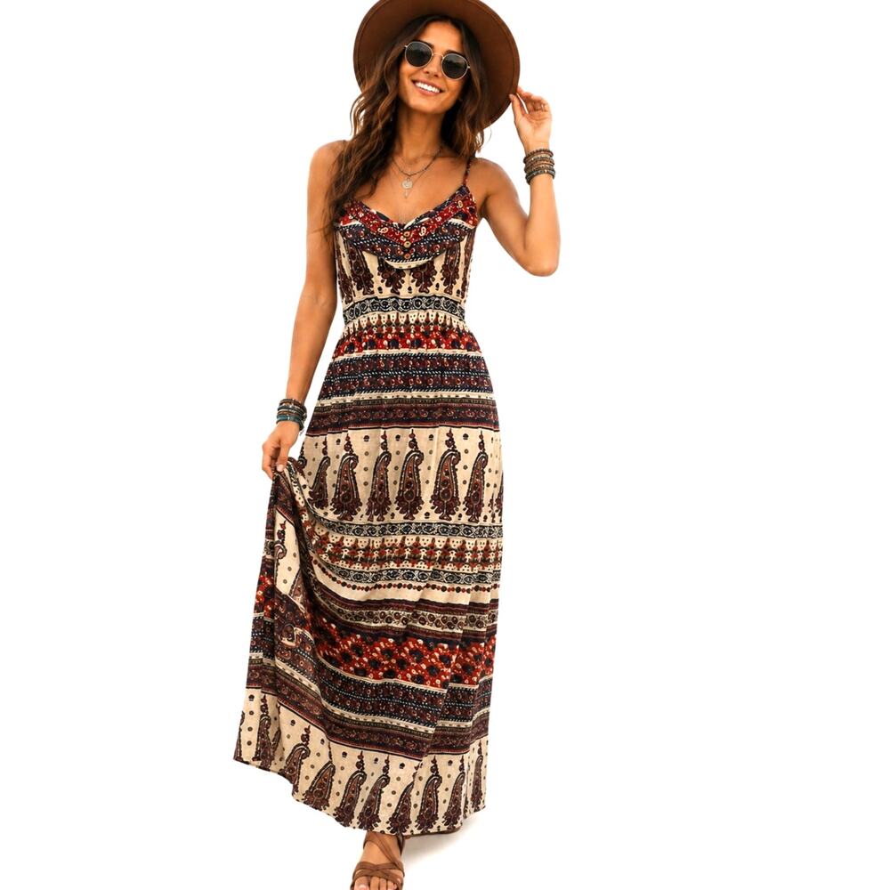 Band of Gypsies Paisley Maxi Dress Womens Small Red Navy Embroidered Boho Long